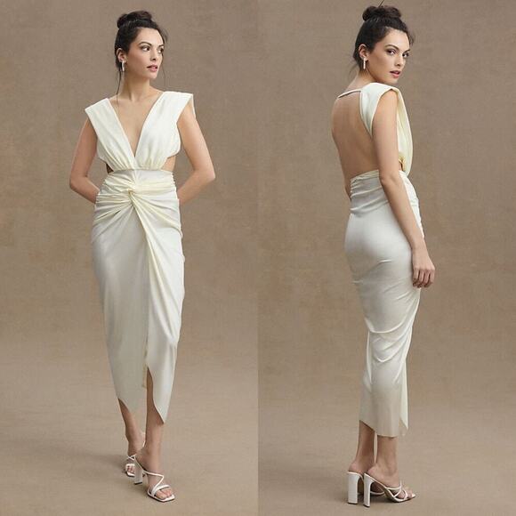 Baobab Collection Dresses & Skirts - BaoBab Mia Plunge V-Neck Gathered Midi Sheath Dress in Ivory